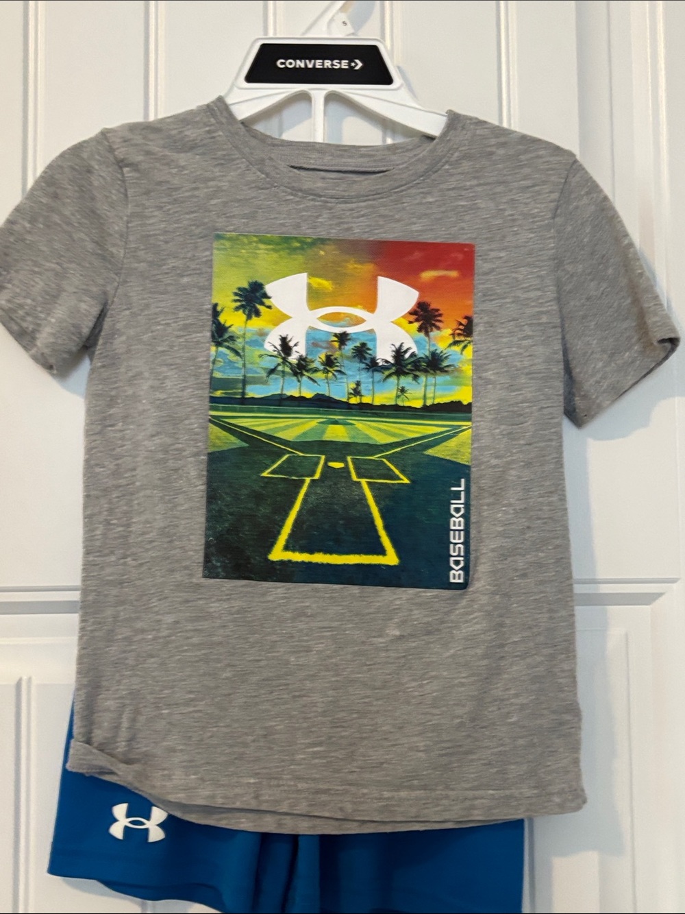 Under Armour Gray Tee with Tropical Baseball Graphic - Multicolor Print